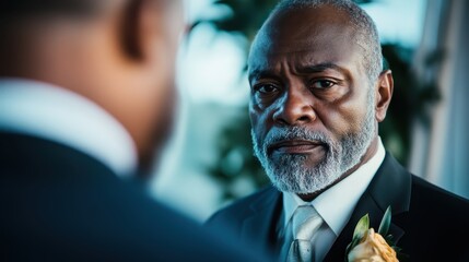 An elderly man in a formal suit exudes a thoughtful and contemplative mood, surrounded by an elegant interior, evoking themes of wisdom and experience.