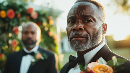 A man in a tuxedo gazes thoughtfully during a wedding ceremony, symbolizing deep reflection and the gravity of a significant life moment in time.