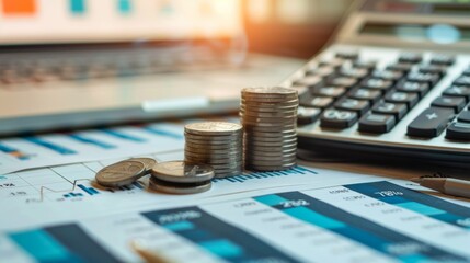 Stacked coins on financial graphs and calculator