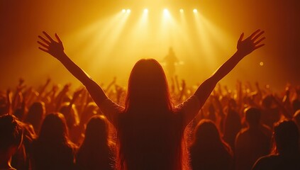 Fototapeta premium Silhouette of a Woman with Raised Arms in a Crowd at a Concert