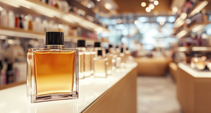 A single bottle of men's perfume is displayed on the counter of a luxury perfume store, with rows of other bottles blurred in the background.