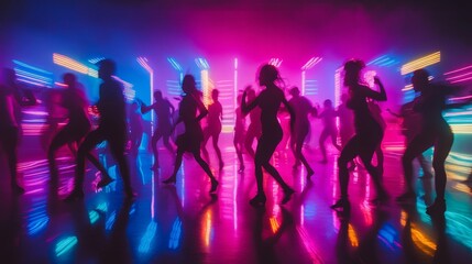 Vibrant Neon Lights Illuminating Energetic Dancing Scene with Dynamic Angles and Colorful Motion