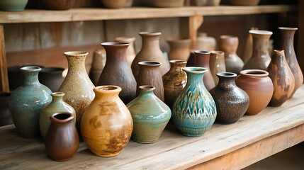A collection of various pottery vases displayed on a wooden table, showcasing different shapes and colors.