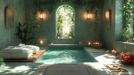 Tranquil spa room with a pool, plants, and soft lighting.
