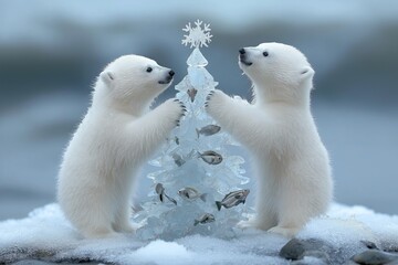 Two polar bears decorating a small Christmas tree. Christmas and New Year theme