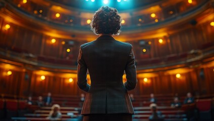 Obraz premium A Woman in a Suit Addresses an Audience in a Large Hall