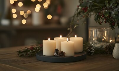 A cozy arrangement of lit candles surrounded by pinecones and greenery, creating a warm ambiance.