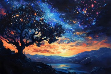 A Silhouetted Tree Under a Starry Sky Over Mountains and Water
