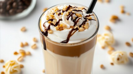 Glass of chocolate and whipped cream with a straw in it