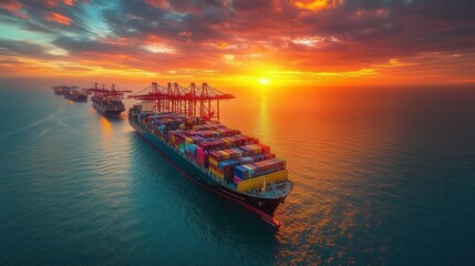 Obraz premium A large cargo ship sails on the ocean at sunset.
