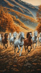 Obraz premium A Herd of Horses Galloping Through an Autumnal Meadow