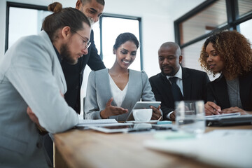 Tablet, meeting and business people in office for discussion, website research and planning. Corporate, professional and workers on digital tech for feedback, online project and collaboration