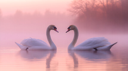 Swans swimming in the lake, swans in the wild