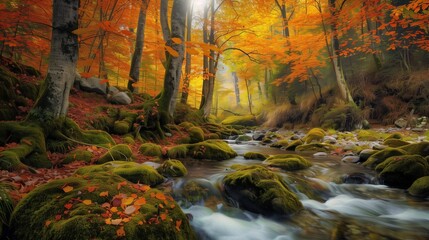 Fototapeta premium : An expansive autumn landscape featuring a forest stream flowing through a valley. The trees are a mix of fiery reds, deep oranges, and golden yellows. Fallen leaves float gently on the water, 