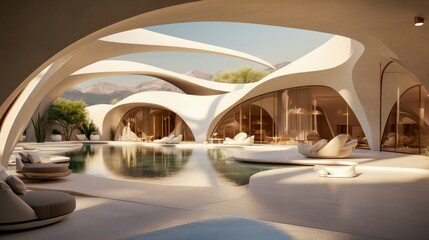Fototapeta premium Modern Futuristic Hotel Architecture With Curved Design and Palm Trees Surrounding.