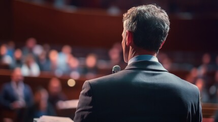Fototapeta premium A man stands in front of a microphone, wearing a suit and tie