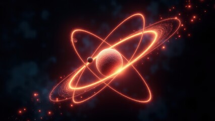 Glowing atomic model with orbiting electrons and a detailed nucleus on a dark background. Ideal for visuals in physics, chemistry, and molecular science.