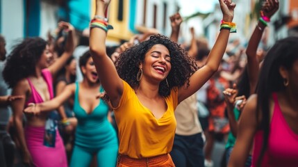 Fototapeta premium Celebrating Life: Energetic Street Party with Vibrant Dancers in Sharp Focus