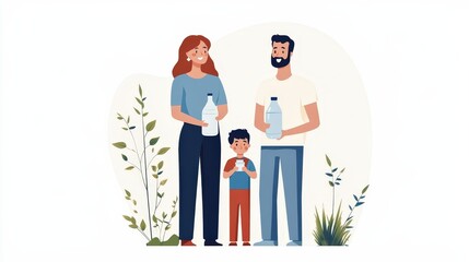 Family Holding Bottles in Flat 2D Illustration