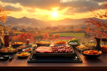 Photorealistic Korean Cuisine: Sunset Barbecue with Scenic Backdrop A captivating image featuring a small castle in the distance, highlighting the cultural richness of Korea. 4k, Generative AI.