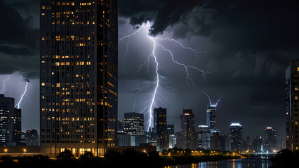 a dramatic image of a lightning strike hitting a tall building in the center of a modern city at night