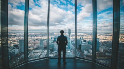 Fototapeta premium Man Looking Out Window at Cityscape