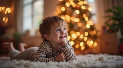 Adorable Child Enjoying Christmas Moment with Gifts and Cozy Firelight Ambiance