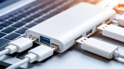 A Sleek USB hub with multiple ports connected to various devices, showcasing modern design and functionality in a tech-focused setup.	