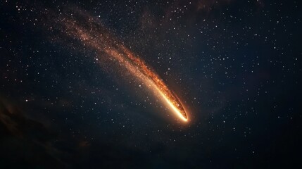 bright comet with a fiery tail crossing a dark sky full of constellations, leaving a trail of bright dust generative ai