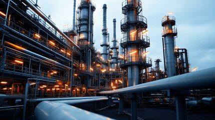 Fototapeta premium Industrial oil refinery with towering metal structures and pipelines, illuminated by bright lights against a cloudy sky, showcasing complex engineering in a petrochemical facility.
