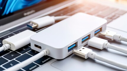 A Sleek USB hub with multiple ports connected to various devices, showcasing modern design and functionality in a tech-focused setup.	