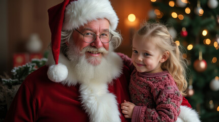 Magical Christmas Portrait: Child Capturing Heartwarming Moment with Santa Claus Under Festive Lights