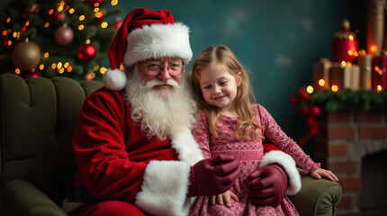 Magical Christmas Portrait: Child Capturing Heartwarming Moment with Santa Claus Under Festive Lights