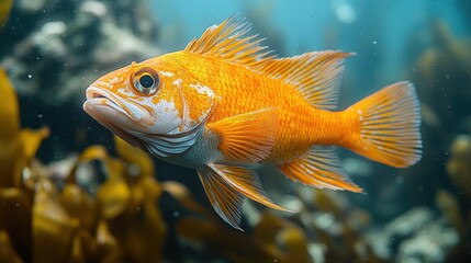 Fototapeta premium Vibrant orange fish swimming among underwater kelp.