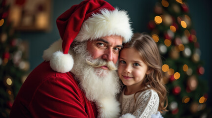 Magical Christmas Portrait: Child Capturing Heartwarming Moment with Santa Claus Under Festive Lights