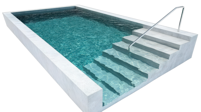 Modern infinity pool with white concrete steps and trim isolated on white transparent background - Powered by Adobe