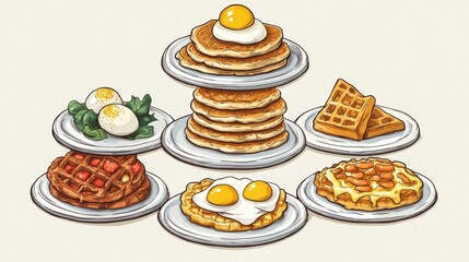 Breakfast food pyramid with pancakes, waffles, and scrambled eggs