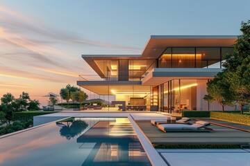 Obraz premium Luxurious modern house with sleek design and outdoor pool area featuring clean lines contemporary architecture and well-manicured lawn.