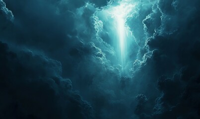 Obraz premium A dramatic scene of a glowing light breaking through dark clouds, symbolizing hope and illumination in the depths of darkness