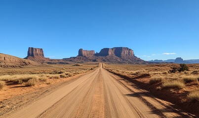 Fototapeta premium A dirt road cutting through a vast desert landscape, with majestic mountains in the distance under a clear blue sky