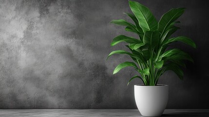 A potted plant against a textured gray wall, enhancing ambiance.