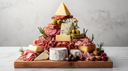 Pyramid of mini charcuterie boards with cheese, olives, and cured meats