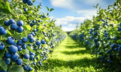 A large organic farm features rows of cultivated, lush blueberry bushes producing sweet fruit under a sunny sky, with green grass between the drills