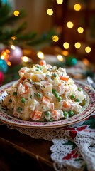 Festive Russian Olivier salad on a decorated table, layers of diced potatoes, carrots, peas, and pickles with creamy mayonnaise, holiday-themed plate, garland lights in background, celebratory mood