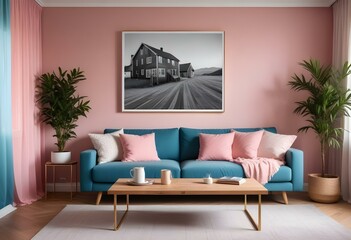 Modern Interior Poster Frame Mockup in Contemporary Living Room - 3D Render