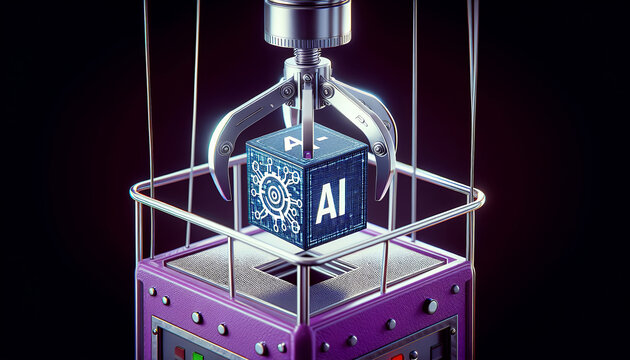 A robotic claw machine with a futuristic design grasps a cube marked with the letter "A" and a game symbol. The dark background highlights the intricate details of the machine, symbolizing themes of t