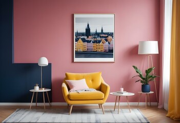 Modern Interior Poster Frame Mockup in Contemporary Living Room - 3D Render
