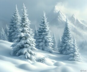 Fototapeta premium Extensive winter landscape in the morning mist, gentle wafts of mist, mystical atmosphere
