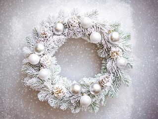 A wreath with white and silver ornaments on a snowy surface