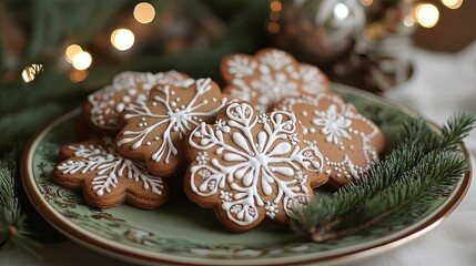 Perfectly baked gingerbread cookies, intricately decorated with royal icing, arranged on a plate with pine branches, fairy lights in the background, vibrant colors